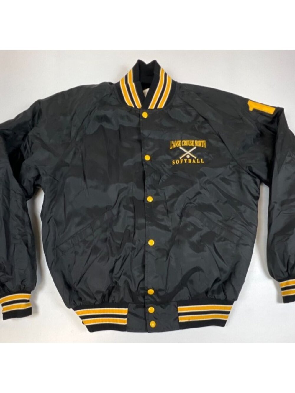 Vintage Butwin Men L Black L'Anse Creuse North Softball Satin Bomber Jacket